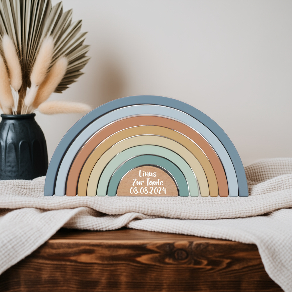 Personalisierter Stapelturm Regenbogen Forest Friends - Geschenk zur Taufe