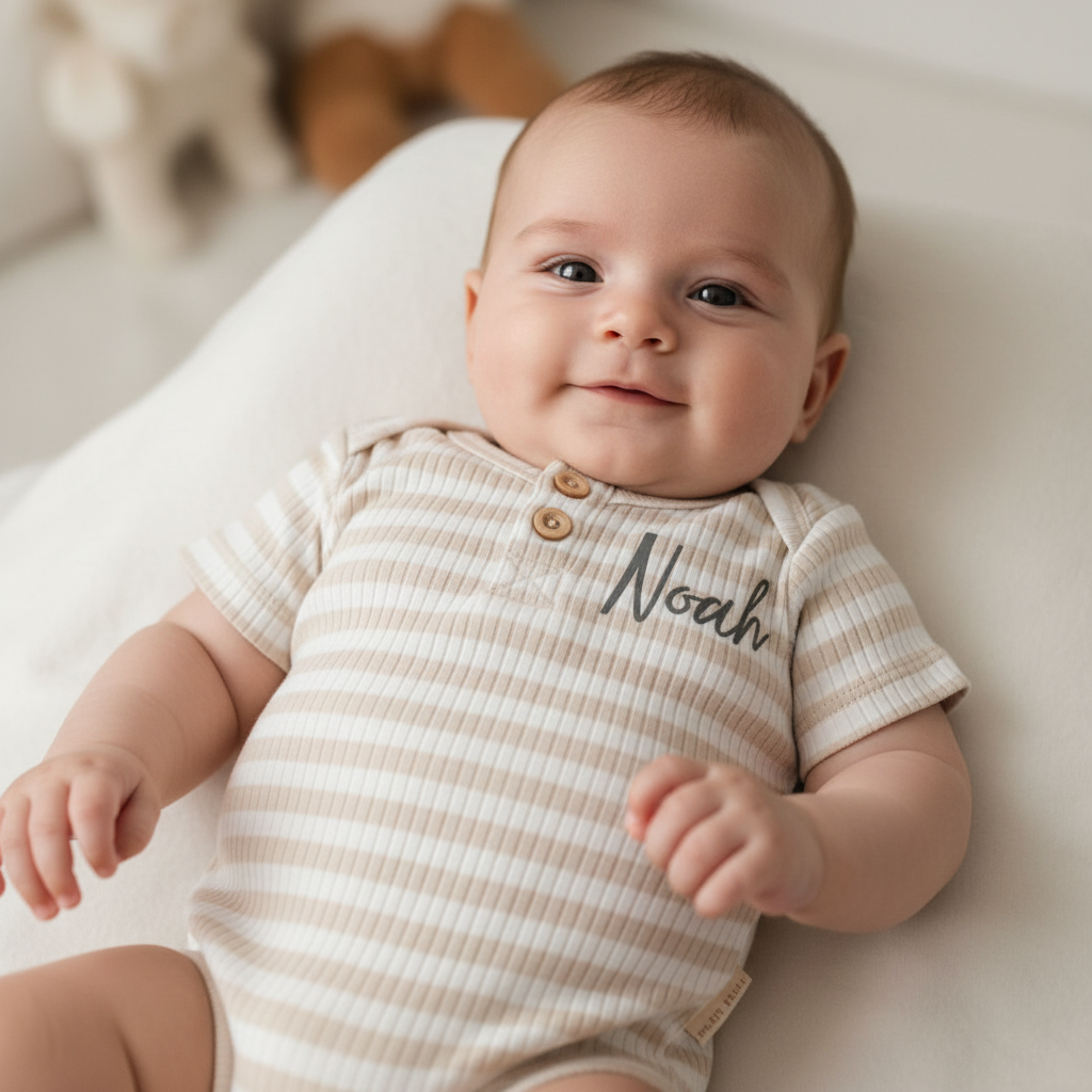 Short-sleeved Bodysuit Sand White Striped for Babies