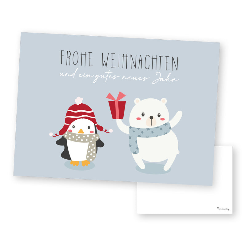 Grußkarte "Fröhliche Weihnachten" - Pinguin und Eisbär