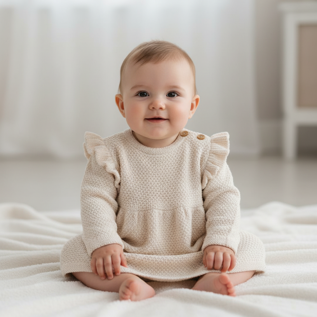 Gestricktes Langarm Kleid Sand mit Rüschen
