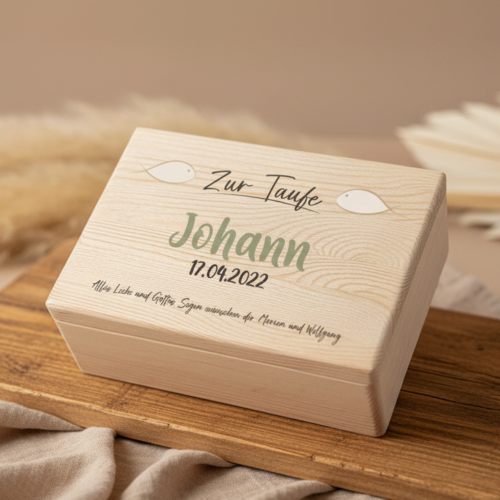Personalisierte Erinnerungsbox Naturholz – Geschenk zur Taufe | Schmatzepuffer