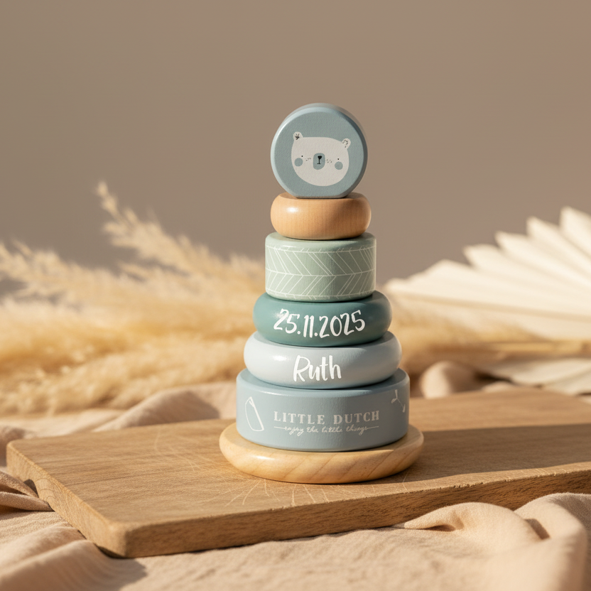 Personalisierter Stapelturm Adventure Blau – Geschenk zur Geburt | Schmatzepuffer