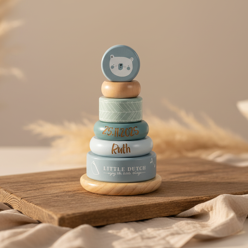 Personalisierter Stapelturm Adventure Blau – Geschenk zur Geburt | Schmatzepuffer