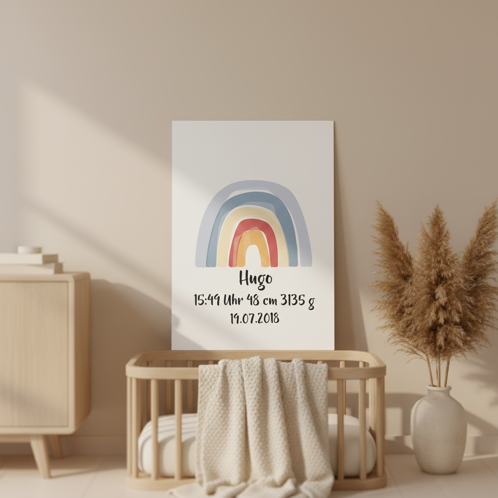 Personalisiertes Poster zur Geburt mit Name – Regenbogen Babyzimmer Deko