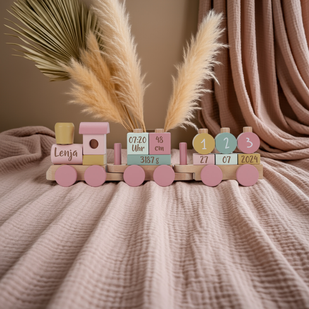 Train en bois personnalisé Jardin enchanté – Cadeau de naissance
