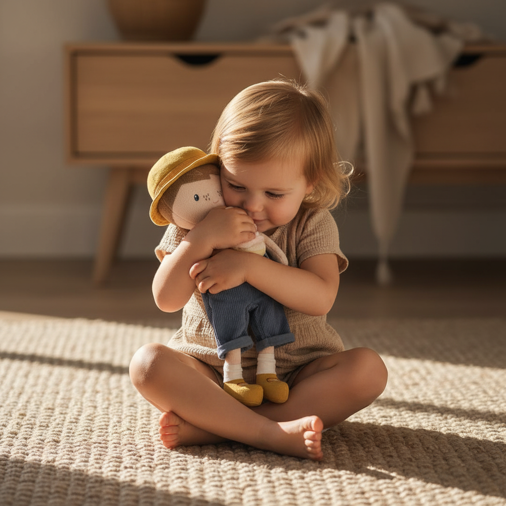 Kleinkind umarmt personalisierte Stoffpuppe mit Name – emotionales Geschenk zur Geburt mit besonderer Bedeutung