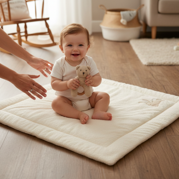 Baby sitzt auf weicher Krabbeldecke im Wohnzimmer und spielt mit Kuscheltier – sichere und ruhige Spielumgebung für den Alltag mit Baby