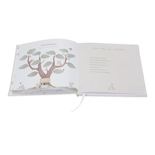 Doppelseite im Baby Tagebuch mit Stammbaum und Platz für Familienerinnerungen – liebevoll gestaltetes Erinnerungsalbum für das erste Lebensjahr als besonderes Geschenk zur Geburt.