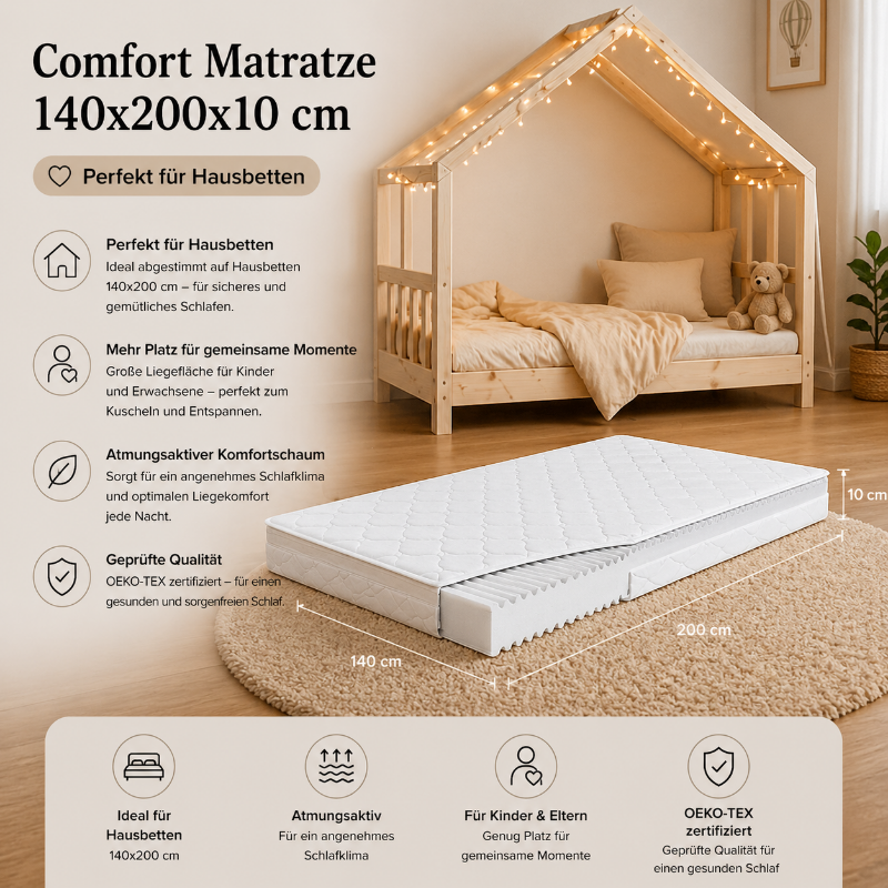 Infografik zur Comfort Matratze 140x200x10 cm für Hausbetten mit Maßen, Komfortschaum und Oeko-Tex Zertifizierung