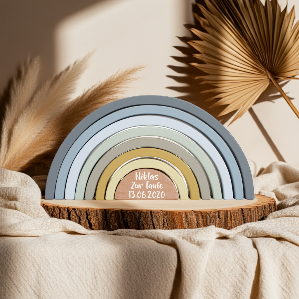 Personalisierter Stapelturm Regenbogen Blau zur Taufe – Geschenk aus Holz | Schmatzepuffer