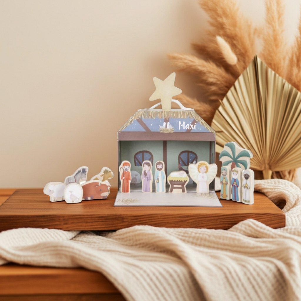 Christmas nativity scene with toy suitcase