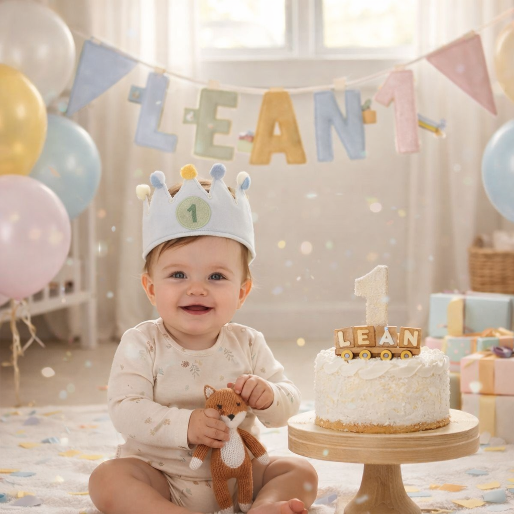 Einjähriges Kind mit Geburtstagskrone sitzt vor einer Torte, im Hintergrund personalisierte Namensgirlande zur Dekoration für den ersten Geburtstag