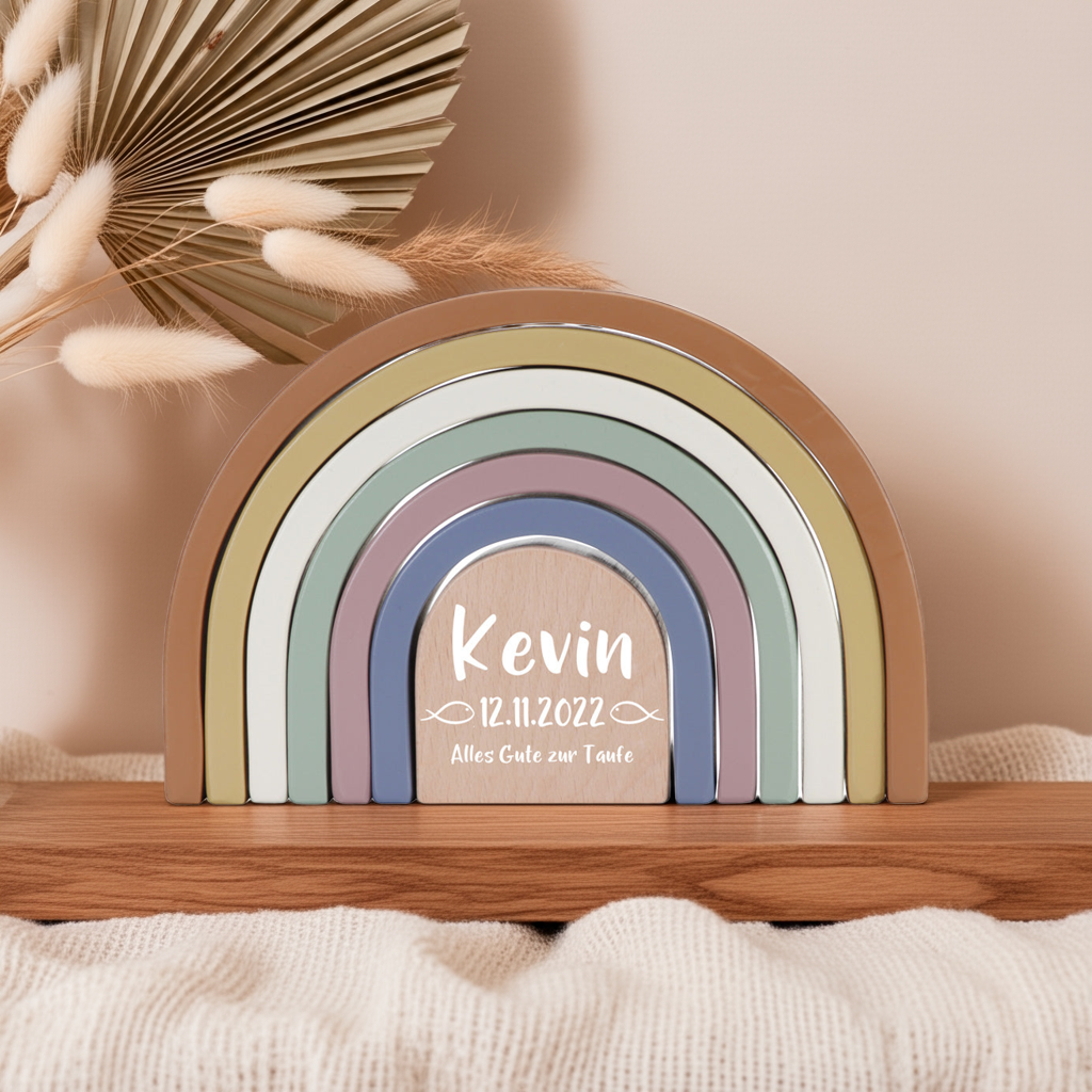 Personalized Rainbow Stacking Tower Vintage for Christening – Printed Wood | Schmatzepuffer