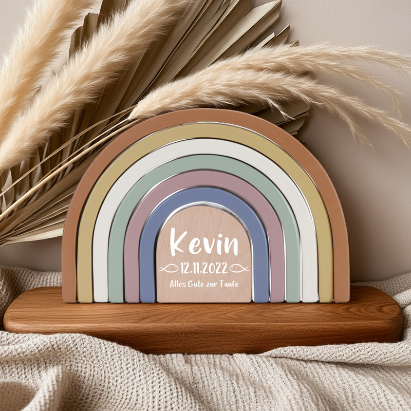 Personalisierter Stapelturm Regenbogen Vintage zur Taufe – Holz bedruckt | Schmatzepuffer