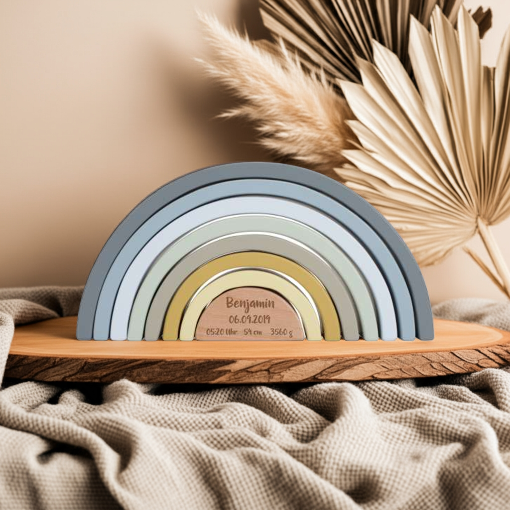 Stapelturm Regenbogen Blau personalisiert - Geschenk zur Geburt
