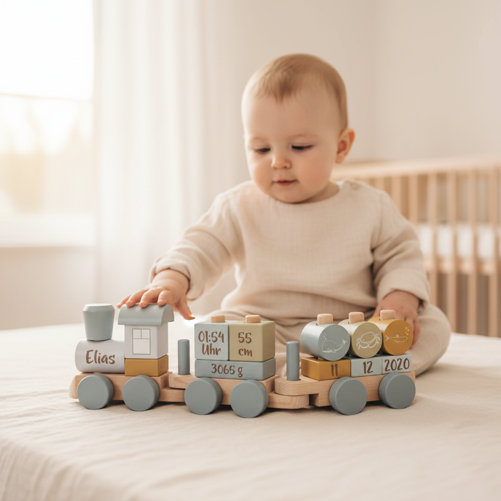 Kind spielt mit blauem personalisiertem Holzzug aus Holz mit Geburtsdaten