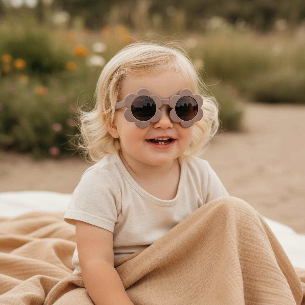 Kinder Sonnenbrille in Mauve mit Blumenform und UV Schutz fuer sonnige Tage, Ausfluege und den Alltag