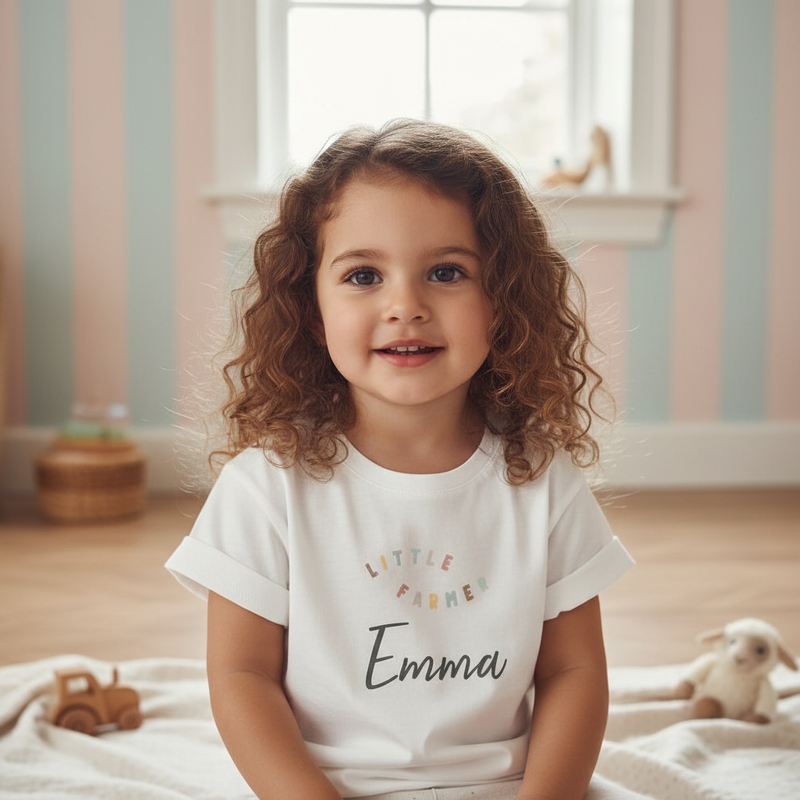Kind trägt weißes Little Farm T-Shirt mit Bauernhof-Motiv und personalisiertem Namen für Mädchen und Jungen