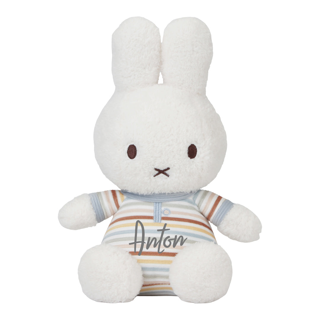 Weißer personalisierter Kuscheltier Hase mit Name Anton auf gestreiftem Body, 25 cm groß, ideales Geschenk zur Geburt