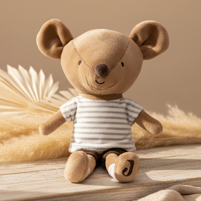 Weiches Kuscheltier Maus Jackie als liebevolle Stoffpuppe fuer Babys und Kinder zum Kuscheln, Spielen und Troesten