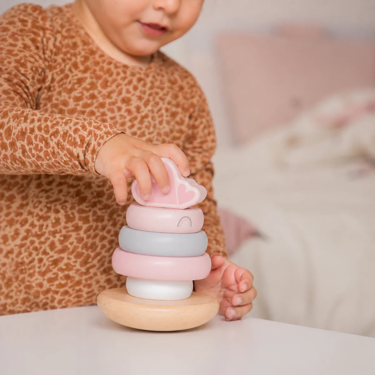 Wooden Stacking Tower Balance Pink by Label Label - Motor Skills Toy with Stacking Rings for Babies from 12 Months