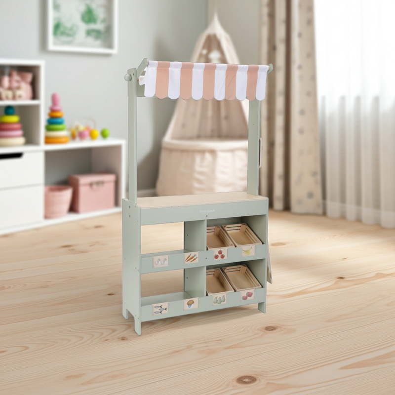 Marktstand & Café aus Holz – 2-in-1 Spielstand