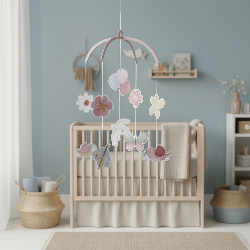 Papp Mobile mit Blumen und Schmetterlingen als liebevolle Babyzimmer Dekoration, ideal ueber Wickeltisch, Babybett oder Spielecke