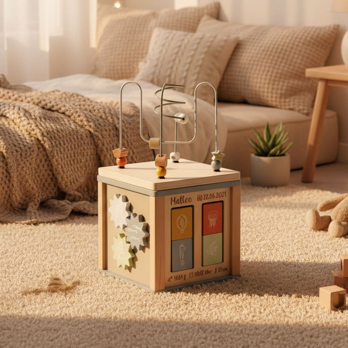 Personalisierter Aktivitätswürfel aus Holz mit Motorikschleife und Namen. Hochwertiges Babygeschenk zur Geburt, das spielerisch Motorik, Greifen und die frühe Entwicklung von Kindern fördert.