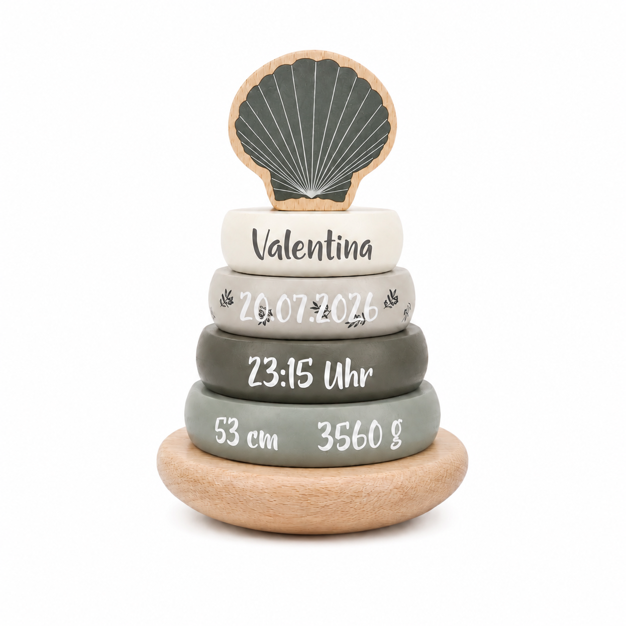 Personalisierter Holz Stapelturm mit Muschel in Grau und Name sowie Geburtsdatum, Uhrzeit, Größe und Gewicht als Geschenk zur Geburt für Babys und Kleinkinder