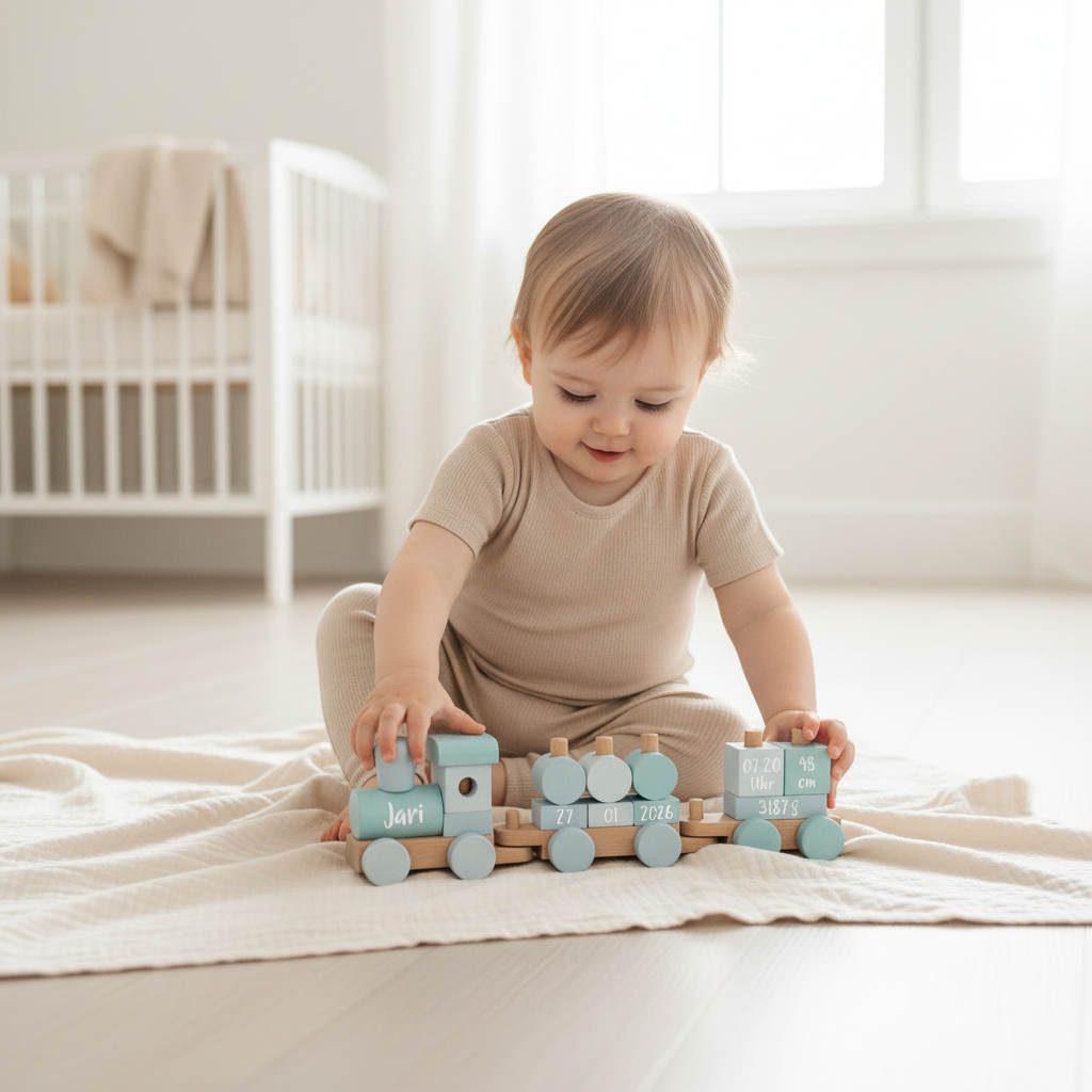 Personalisiertes Babygeschenk zur Geburt – bedruckter Holzzug mit Name und Geburtsdaten, individuell gestaltet bei Schmatzepuffer
