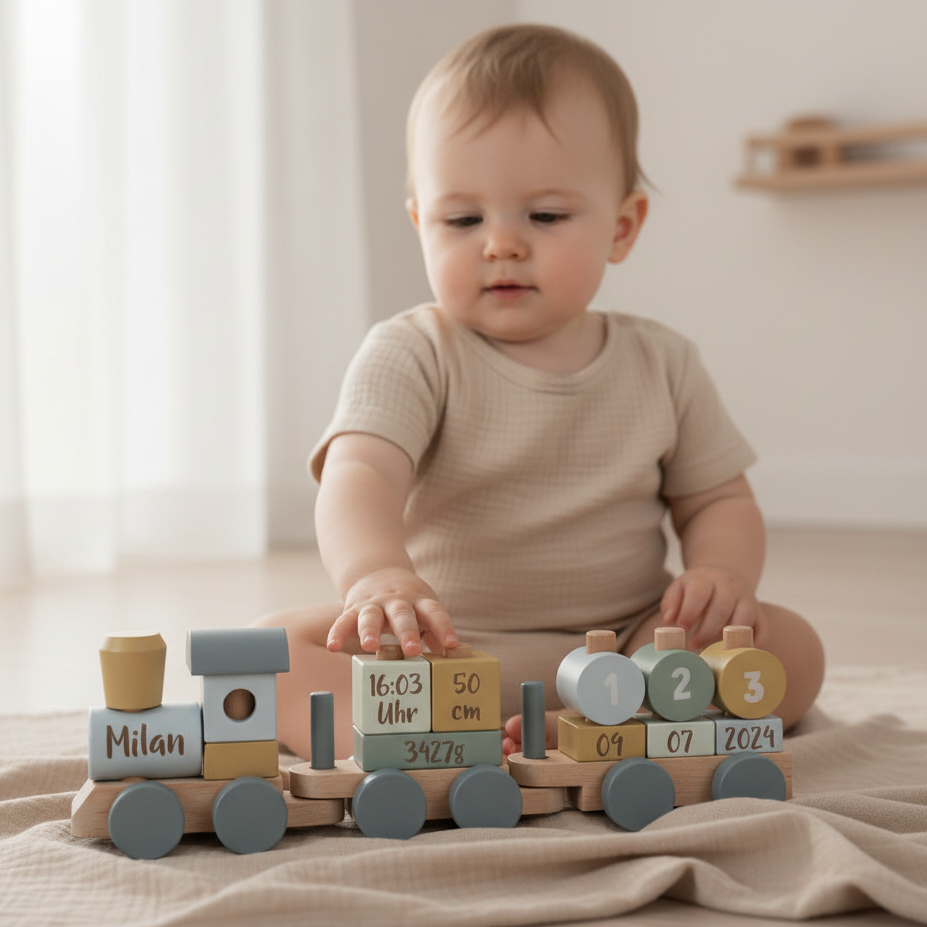 Baby spielt mit einem personalisierten Holzzug zur Geburt mit dem Namen Milan sowie Geburtsdatum, Uhrzeit, Größe und Gewicht in Blau, Salbei und Naturholz.