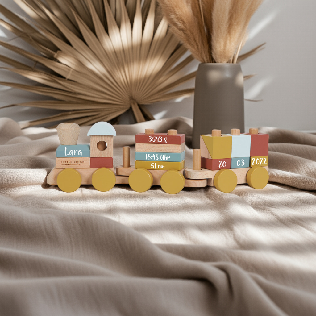 Personalisierter Holzzug mit Name, Geburtsdatum, Uhrzeit, Gewicht und Größe als besonderes Geschenk zur Geburt aus Holz