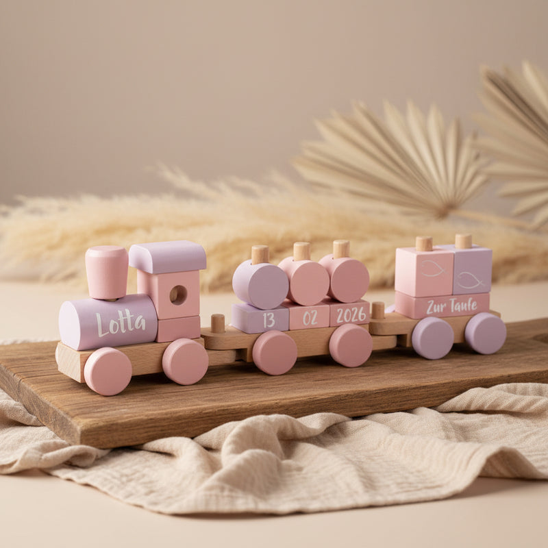 Personalisierter Holzzug in Rosa zur Taufe mit Name, Taufdatum und Schriftzug Zur Taufe
