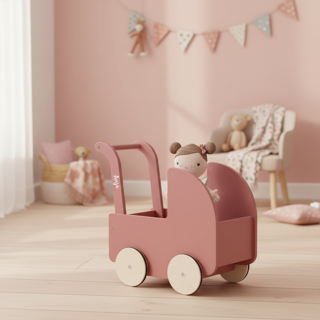 Personalisierter Puppenwagen aus Holz mit Name und Kuschelpuppe im Kinderzimmer. Hochwertiges Geschenk für Mädchen zur Taufe, zum Geburtstag oder zu Weihnachten. Individuell personalisiert bei Schmatzepuffer und ideal für fantasievolle Rollenspiele sowie die Förderung der motorischen Entwicklung.