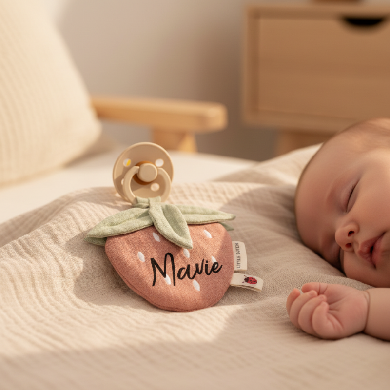 Personalisierter Schnullerhalter mit Namen im Babyzimmer – liebevolles Geschenk zur Geburt aus weichem Stoff