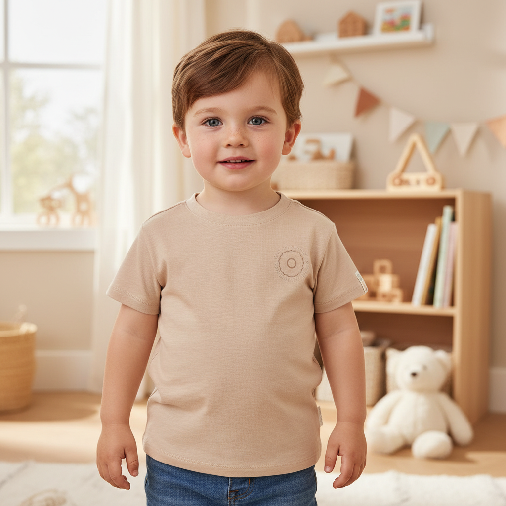 Kleinkind trägt ein beiges personalisierbares Kinder-T-Shirt in einem hellen, liebevoll eingerichteten Kinderzimmer. Das Shirt bietet Platz für einen individuellen Namen auf der Brust und eignet sich als persönliches Geschenk für Kinder.
