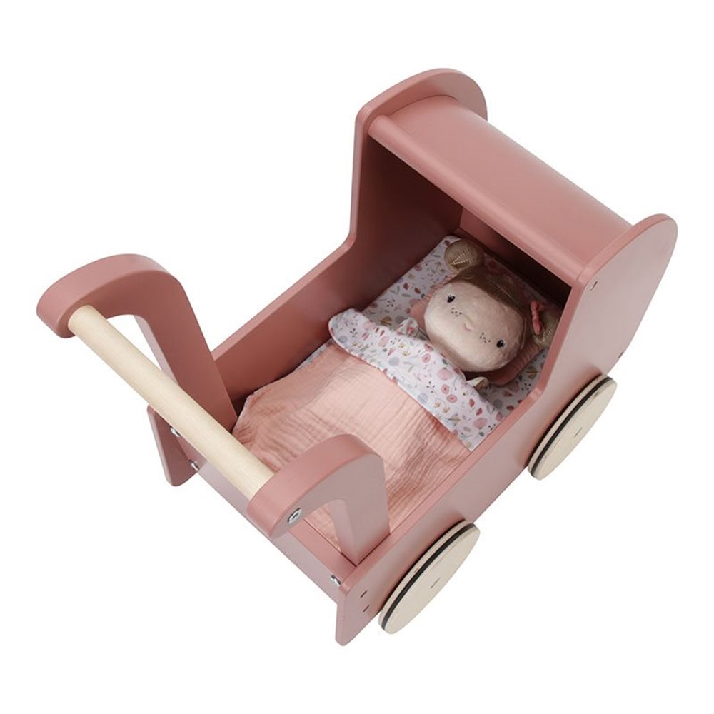 Puppenwagen aus Holz mit Babypuppe, Kissen, Decke und Bettwäsche. Hochwertiges Geschenk für Mädchen zum Geburtstag, zu Weihnachten oder zur Taufe. Liebevoll gestaltetes Holzspielzeug für fantasievolle Rollenspiele, Puppenpflege und die Förderung von Kreativität sowie motorischen Fähigkeiten.