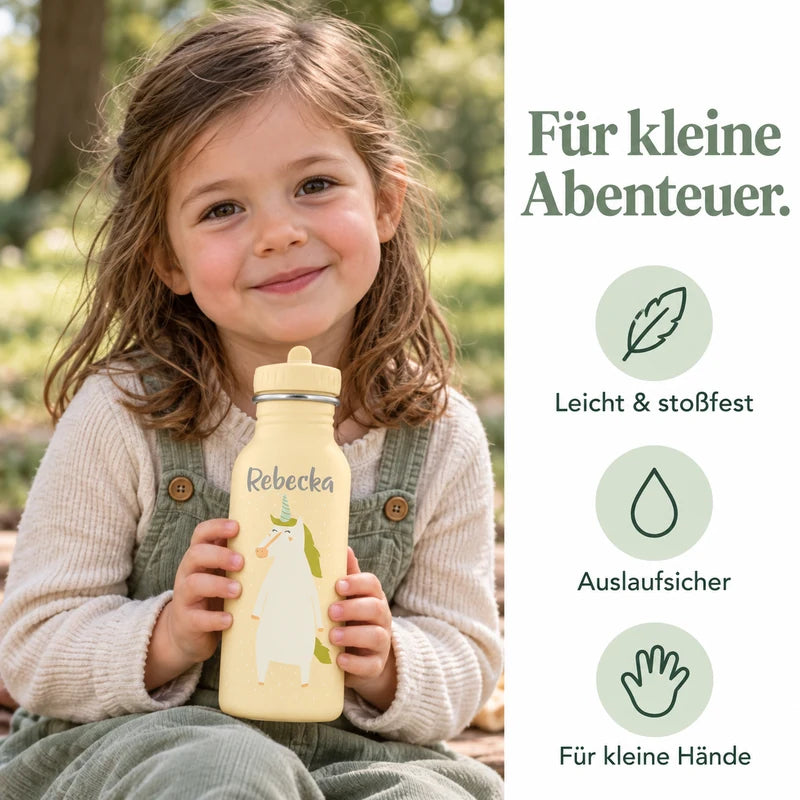 Pastellgelbe Trixie-Trinkflasche Frau Einhorn mit 500 ml, Einhornmotiv und dem Namen Rebecka auf weißem Hintergrund