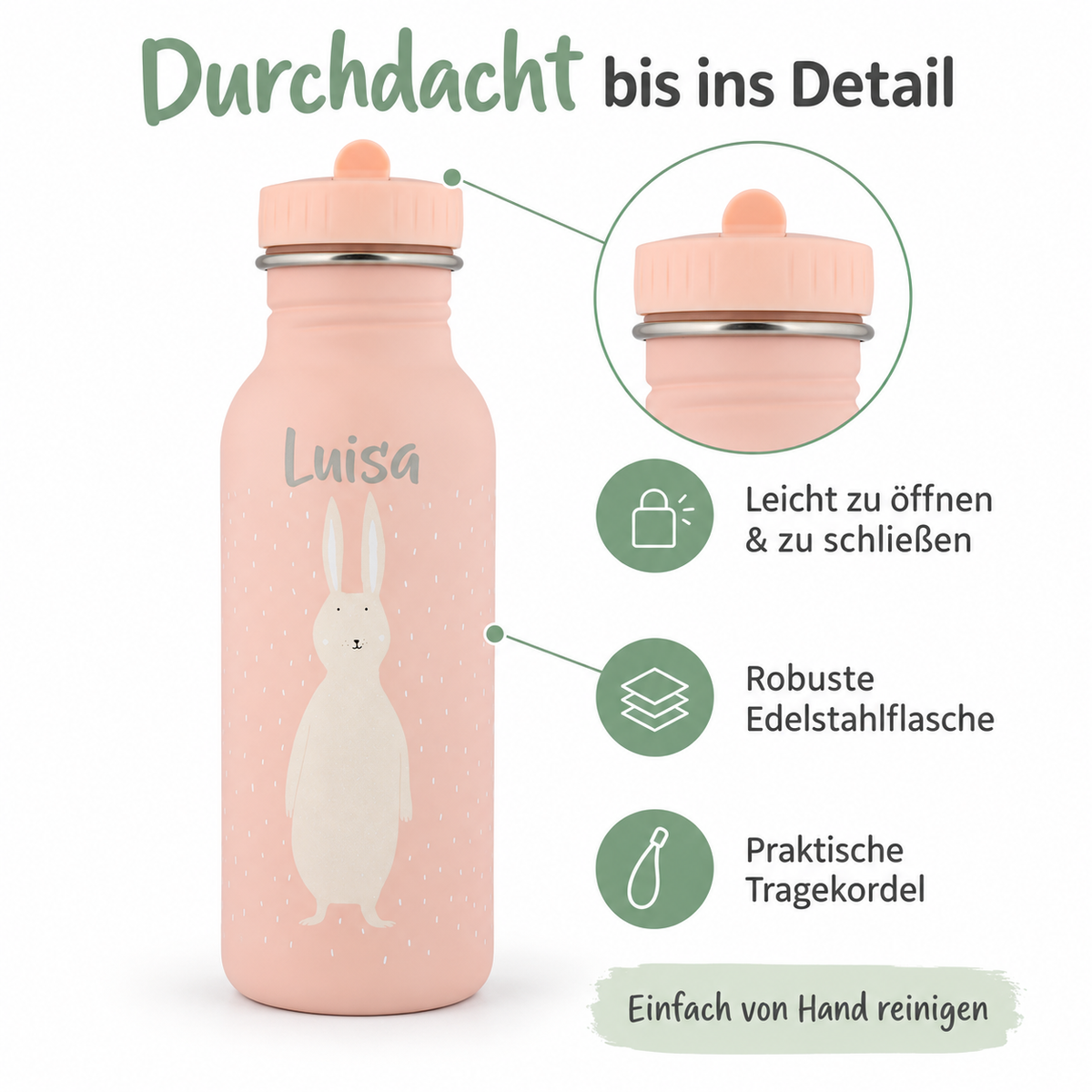 Rosafarbene Trixie-Hasenflasche mit dem Namen Luisa, vergrößertem Verschluss und Hinweisen zu Edelstahl, Öffnen und Schließen, Tragekordel und Handreinigung