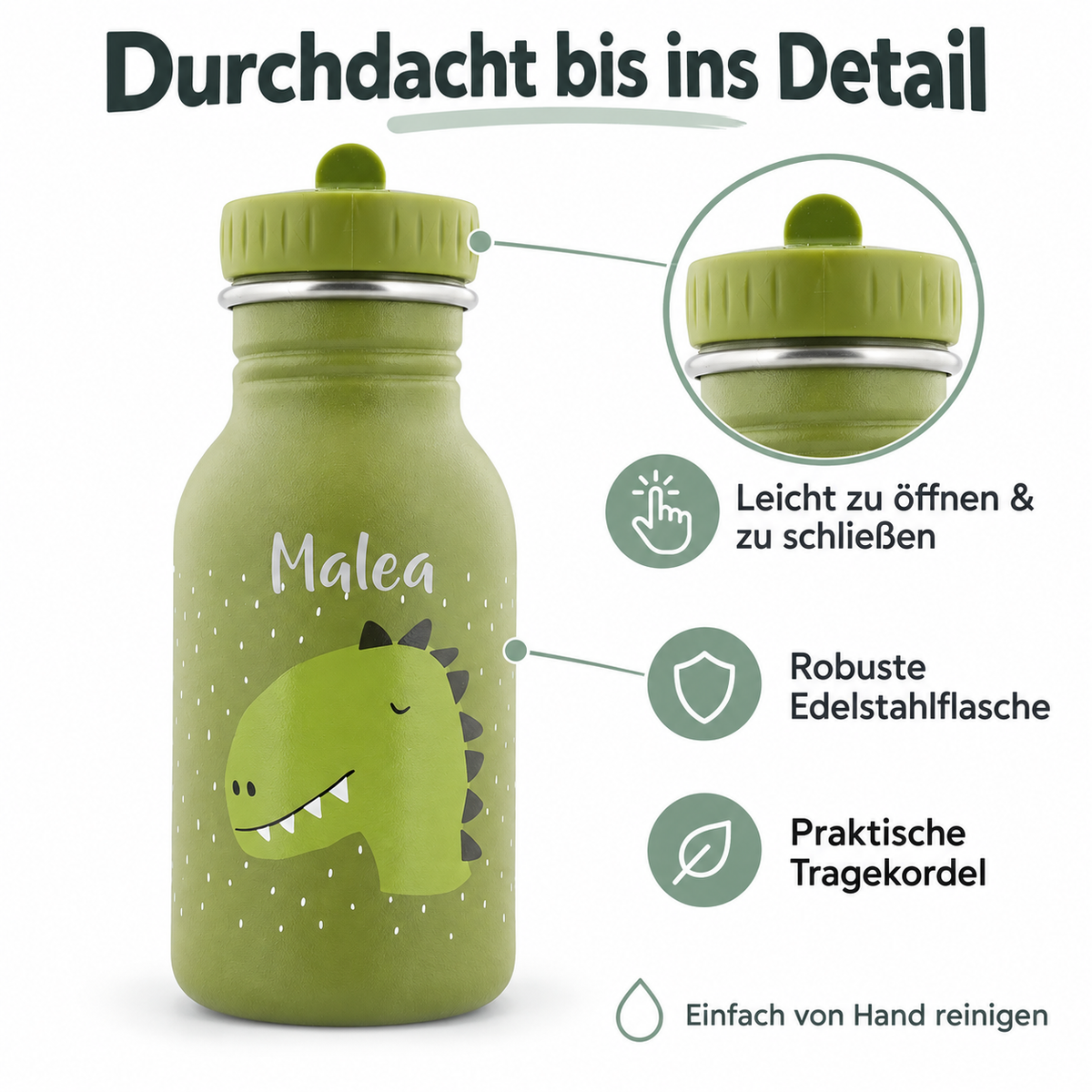 Personalisierte Trixie-Trinkflasche Herr Dino mit vergrößertem Verschluss und Hinweisen zu Edelstahl, Öffnen und Schließen, Tragekordel und Handreinigung