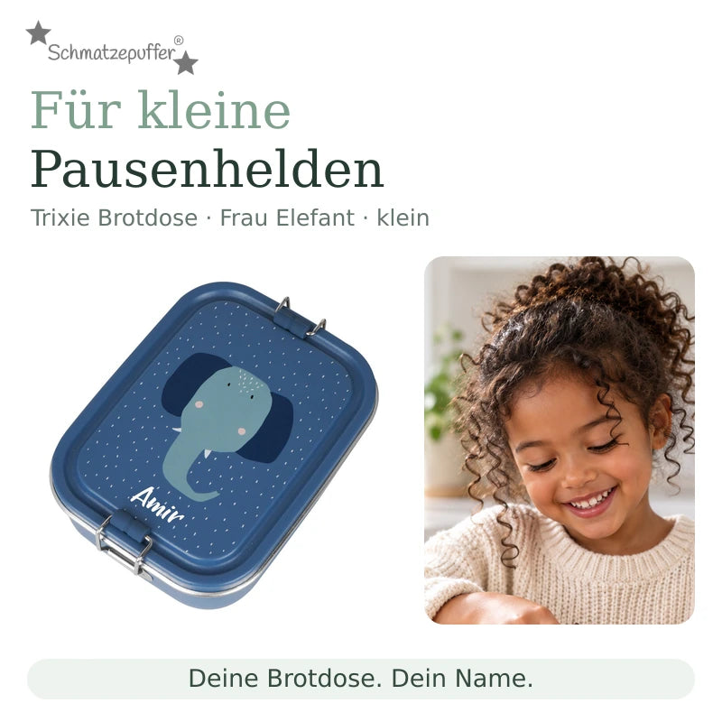 Trixie Brotdose Frau Elefant klein mit dem Namen Amira neben einem Kind bei der Snackpause