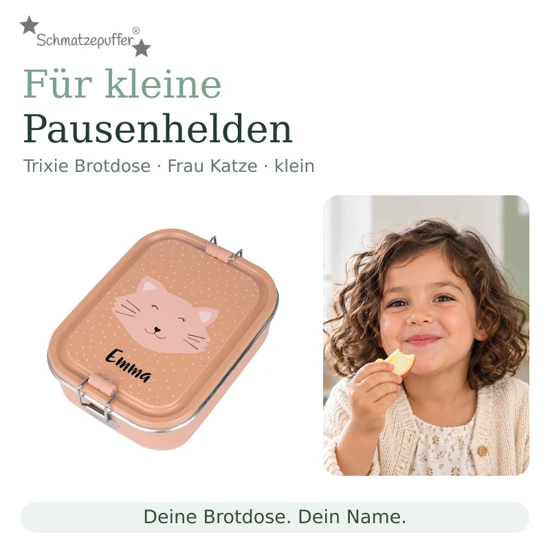 Trixie Brotdose Frau Katze klein mit dem Namen Emma neben einem Kind bei der Snackpause