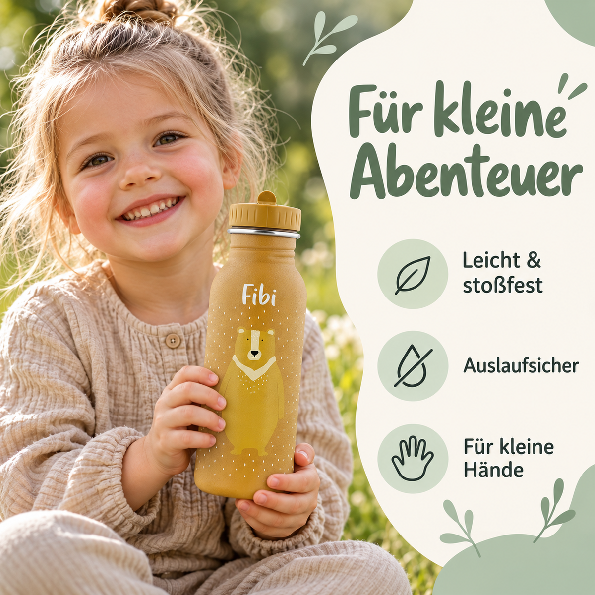 Kind hält eine ockerbraune Trixie Trinkflasche Herr Bär mit 500 ml und dem Namen Fibi neben drei Produktvorteilen