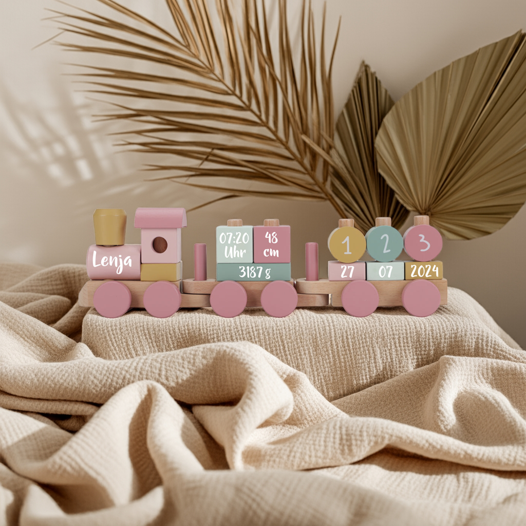 Train en bois personnalisé Jardin enchanté – Cadeau de naissance