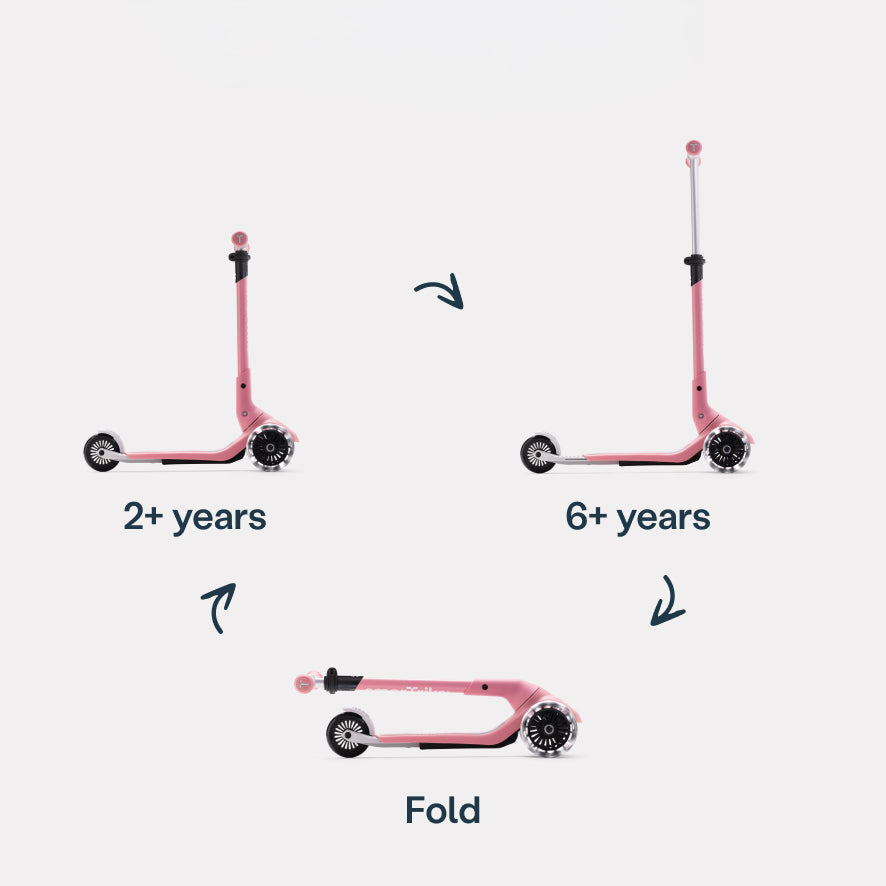 Xtend Mini+ Kinder Scooter in Rosa mit Klappfunktion, zeigt Nutzung ab 2 Jahren bis 6+ Jahre, faltbarer mitwachsender Kinderroller